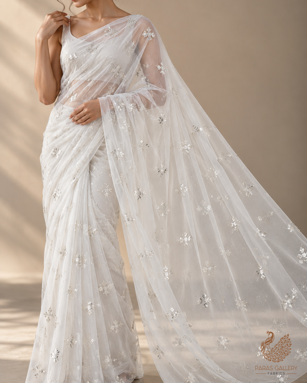 White Dyeable Net Fabric With All Over Buti Of Sequins And Katdana Work 24304