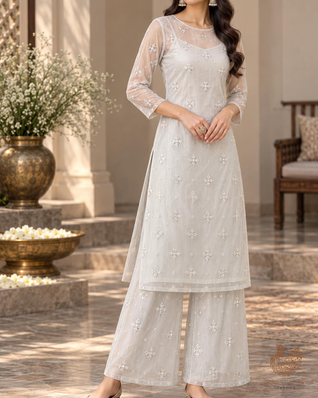 White Dyeable Net Fabric With All Over Buti Of Sequins And Katdana Work 24304