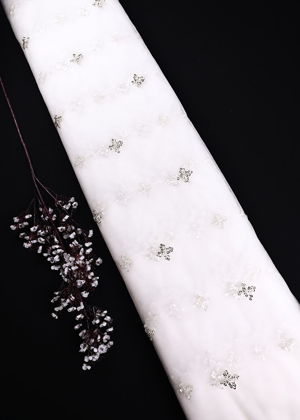 White Dyeable Net Fabric With All Over Buti Of Sequins And Katdana Work 24305
