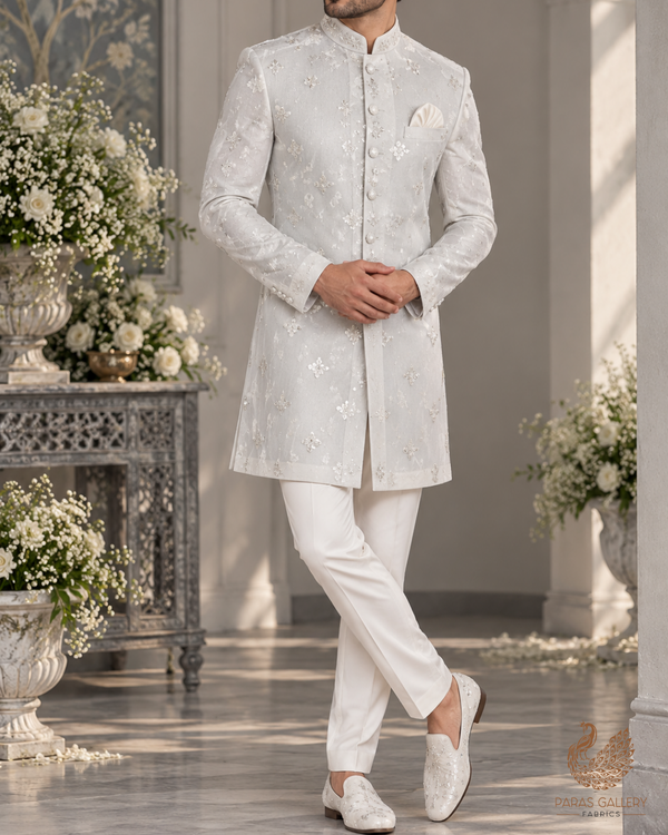 White Dyeable Net Fabric With All Over Buti Of Sequins And Katdana Work 24305