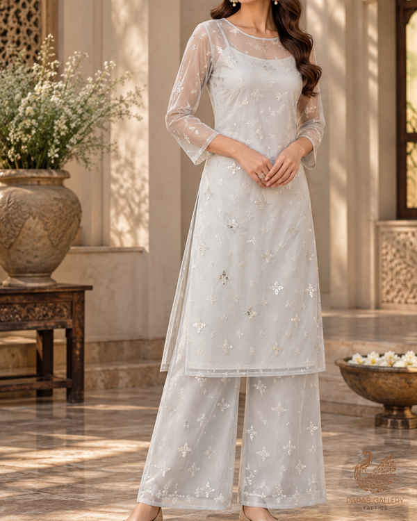 White Dyeable Net Fabric With All Over Buti Of Sequins And Katdana Work 24305