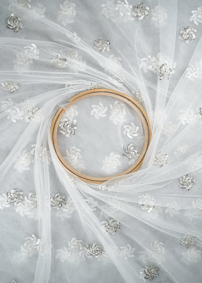 The Noor - White Dyeable Net Fabric With All Over Buti Of Sequins And Katdana Work | 24306
