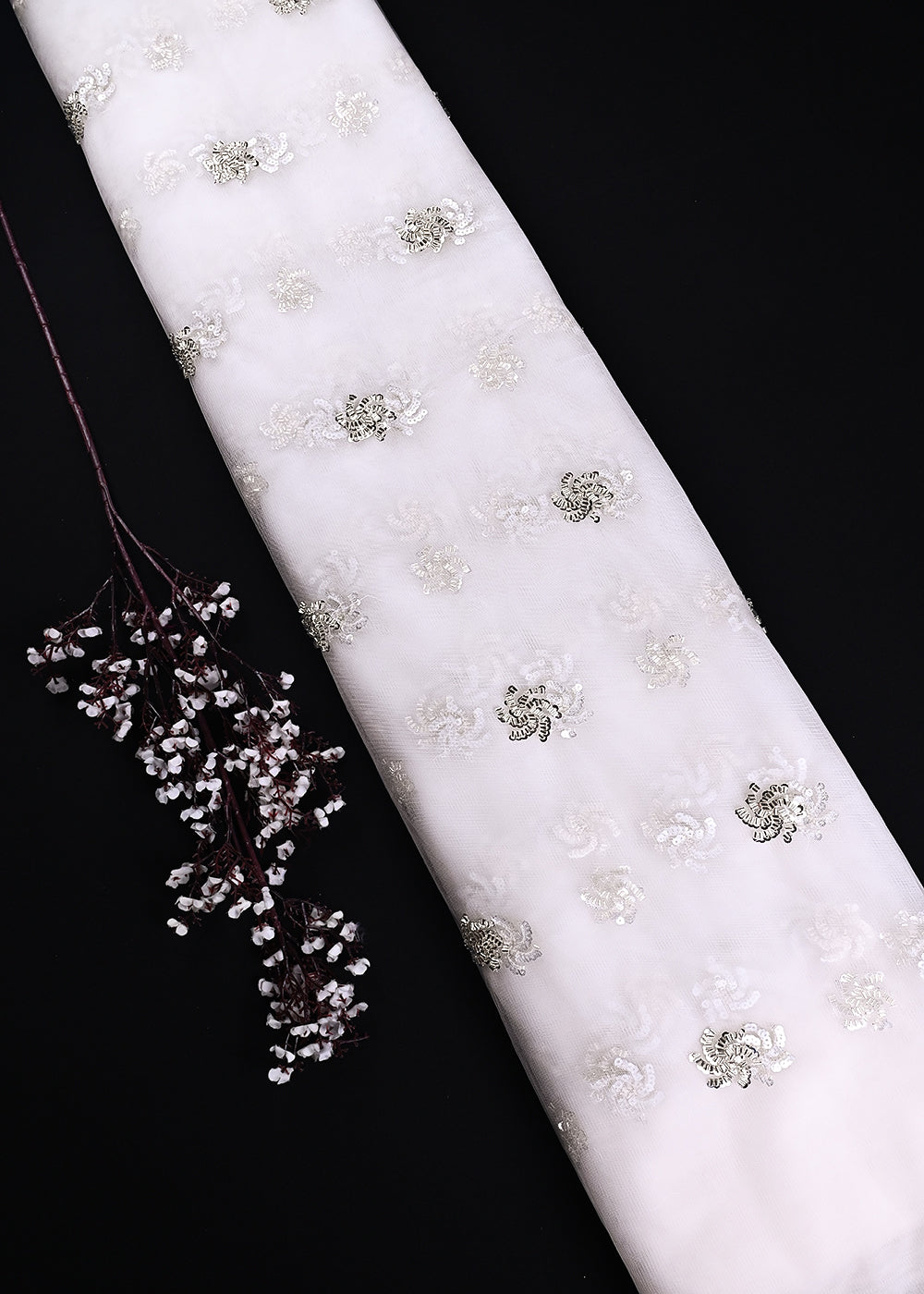 White Dyeable Net Fabric With All Over Buti Of Sequins And Katdana Work 24306