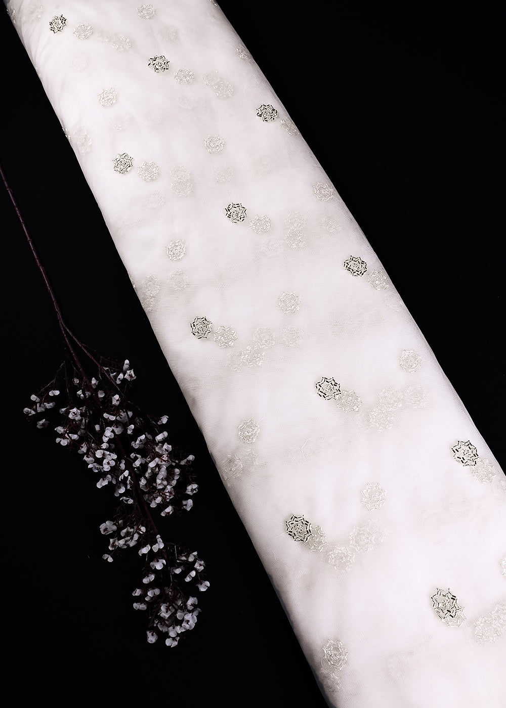 White Dyeable Net Fabric With All Over Buti Of Sequins And Katdana Work 24308