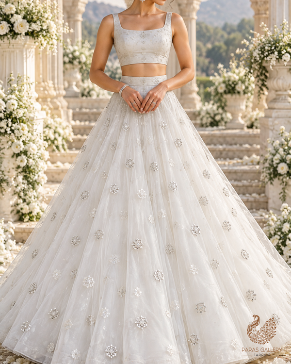 White Dyeable Net Fabric With All Over Buti Of Sequins And Katdana Work 24308