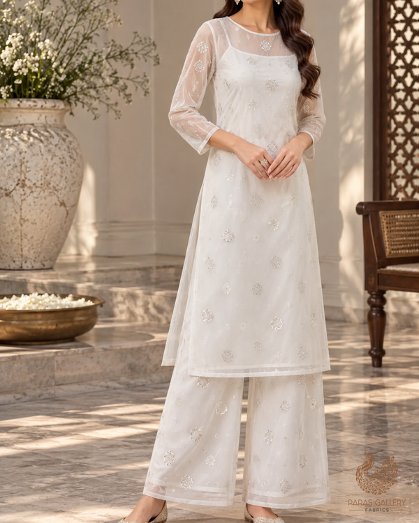 White Dyeable Net Fabric With All Over Buti Of Sequins And Katdana Work 24308