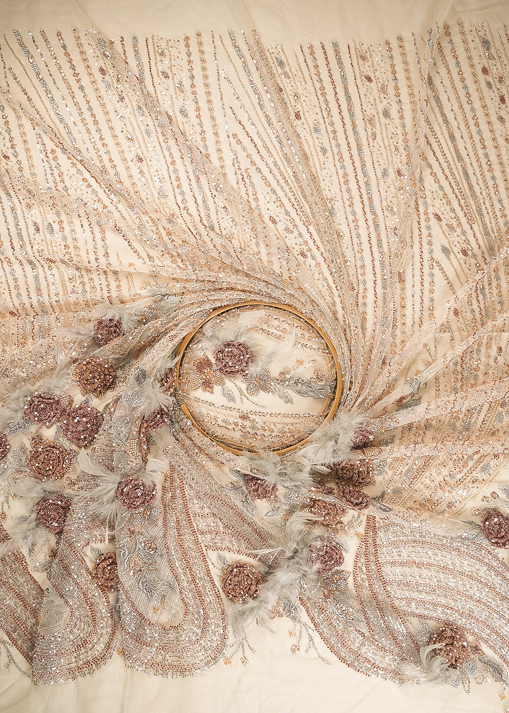 Cream Imported Net Fabric With All Over Sequins, Katdana And 3D Work With One Side Border 24310