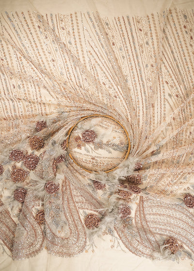 Cream Imported Net Fabric With All Over Sequins, Katdana And 3D Work With One Side Border 24310