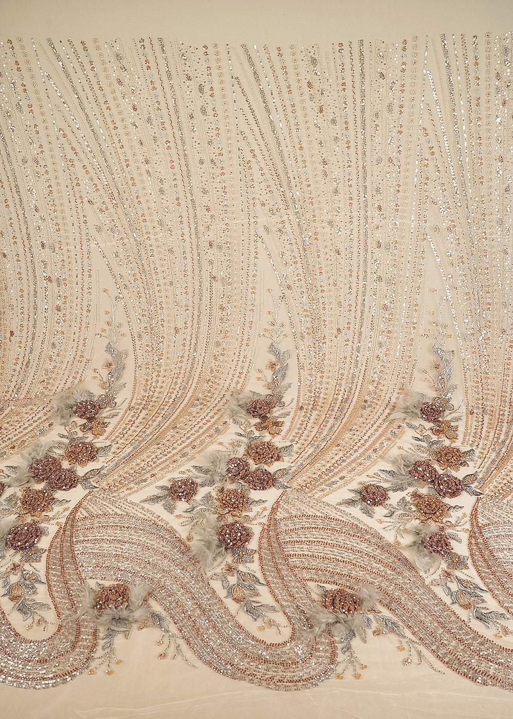 Cream Imported Net Fabric With All Over Sequins, Katdana And 3D Work With One Side Border 24310