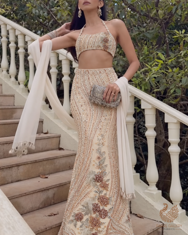 Cream Imported Net Fabric With All Over Sequins, Katdana And 3D Work With One Side Border 24310