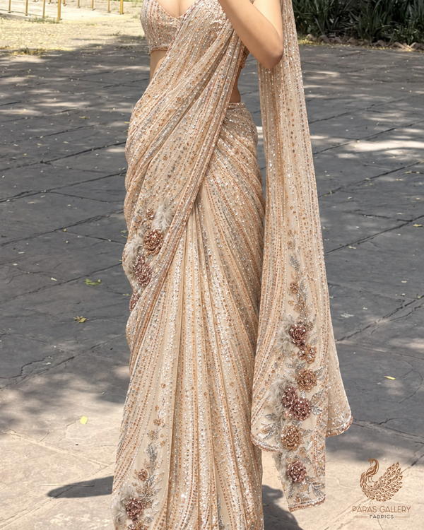 Cream Imported Net Fabric With All Over Sequins, Katdana And 3D Work With One Side Border 24310
