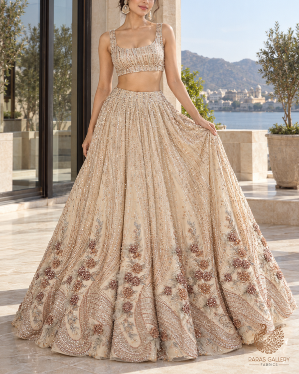 Cream Imported Net Fabric With All Over Sequins, Katdana And 3D Work With One Side Border 24310