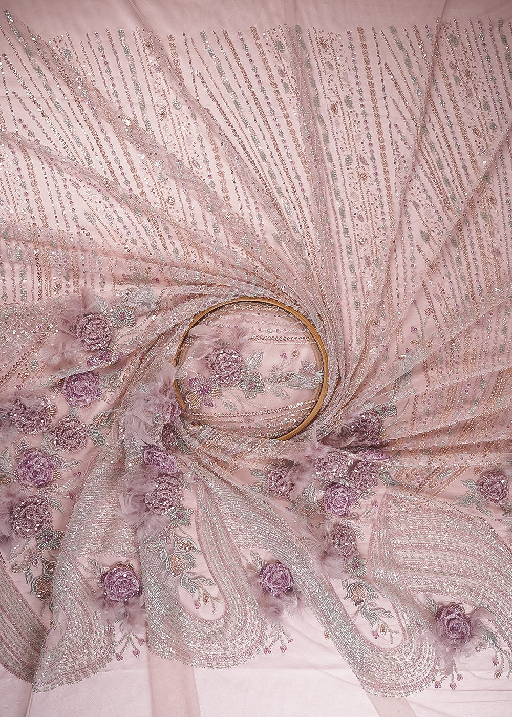 Pink Imported Net Fabric With All Over Sequins, Katdana And 3D Work With One Side Border 24311