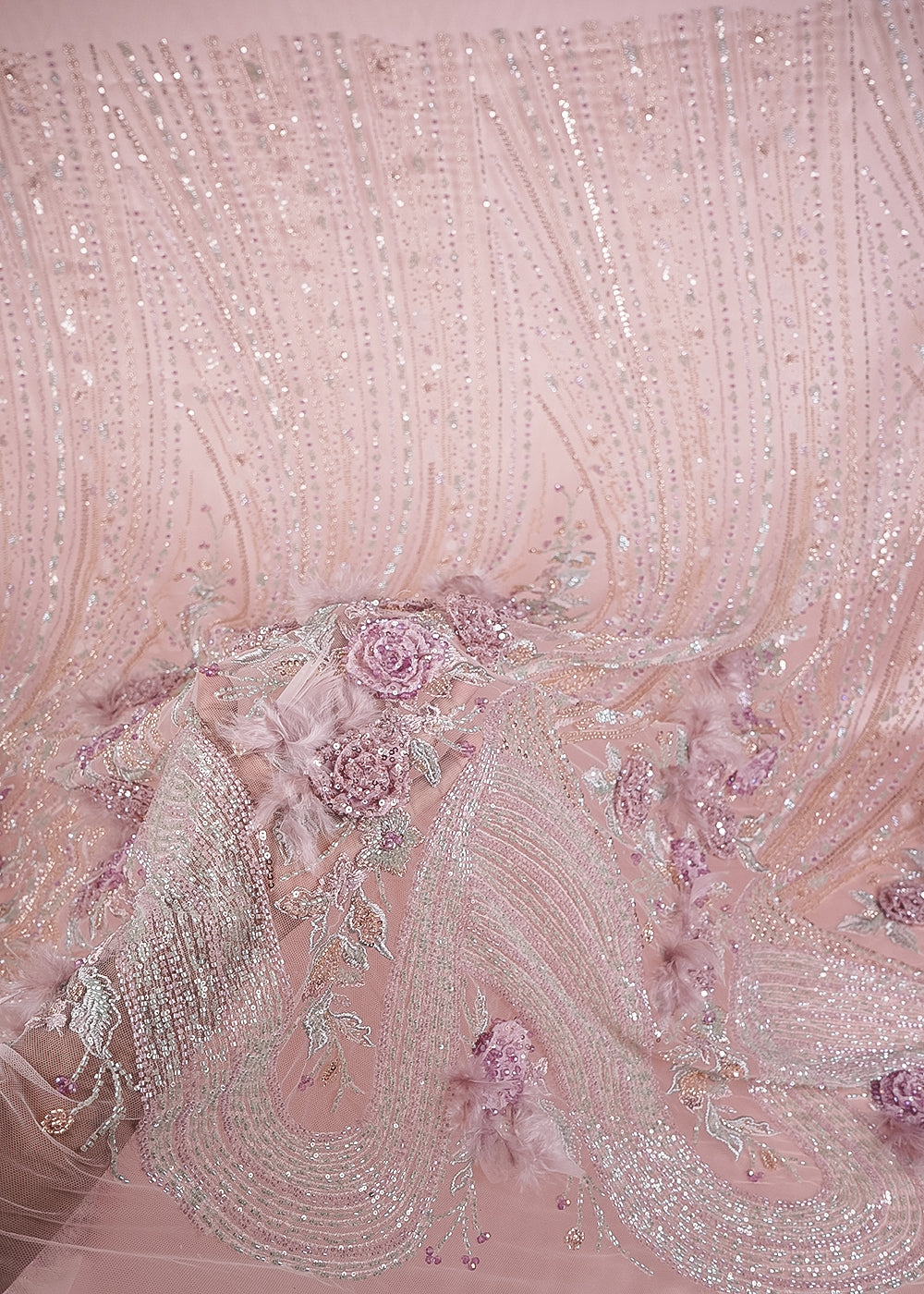 Pink Imported Net Fabric With All Over Sequins, Katdana And 3D Work With One Side Border 24311