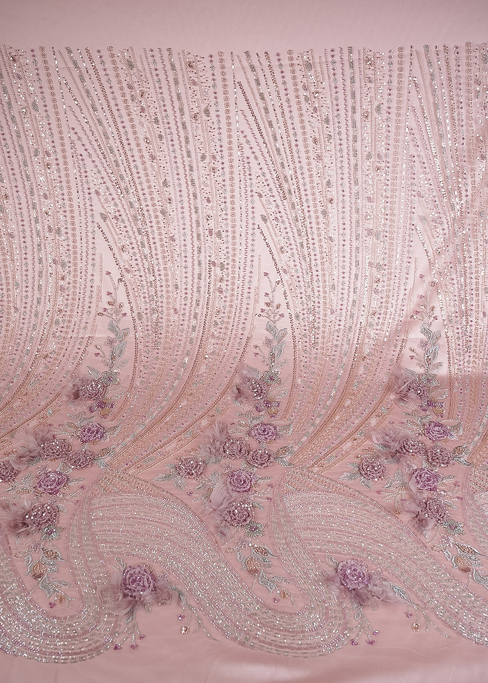 Pink Imported Net Fabric With All Over Sequins, Katdana And 3D Work With One Side Border 24311