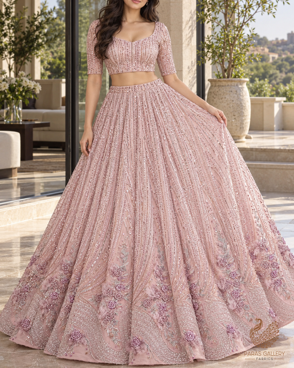 Pink Imported Net Fabric With All Over Sequins, Katdana And 3D Work With One Side Border 24311