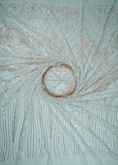 Sky Blue Imported Net Fabric With All Over Sequins And Katdana Work With One Side Heavy Border 24312