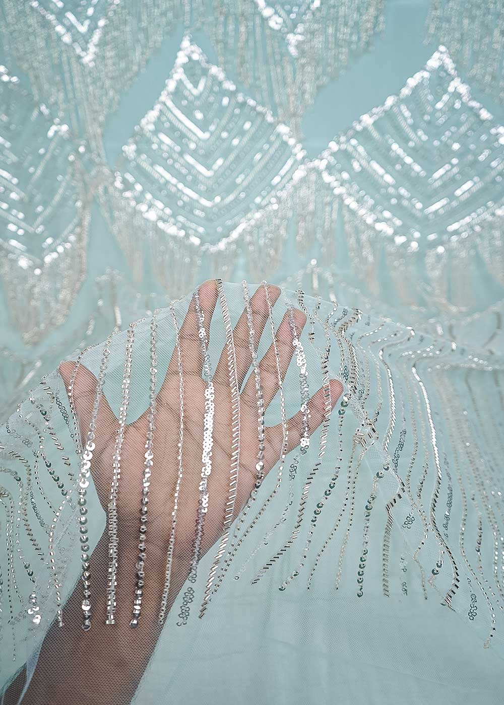 Sky Blue Imported Net Fabric With All Over Sequins And Katdana Work With One Side Heavy Border 24312