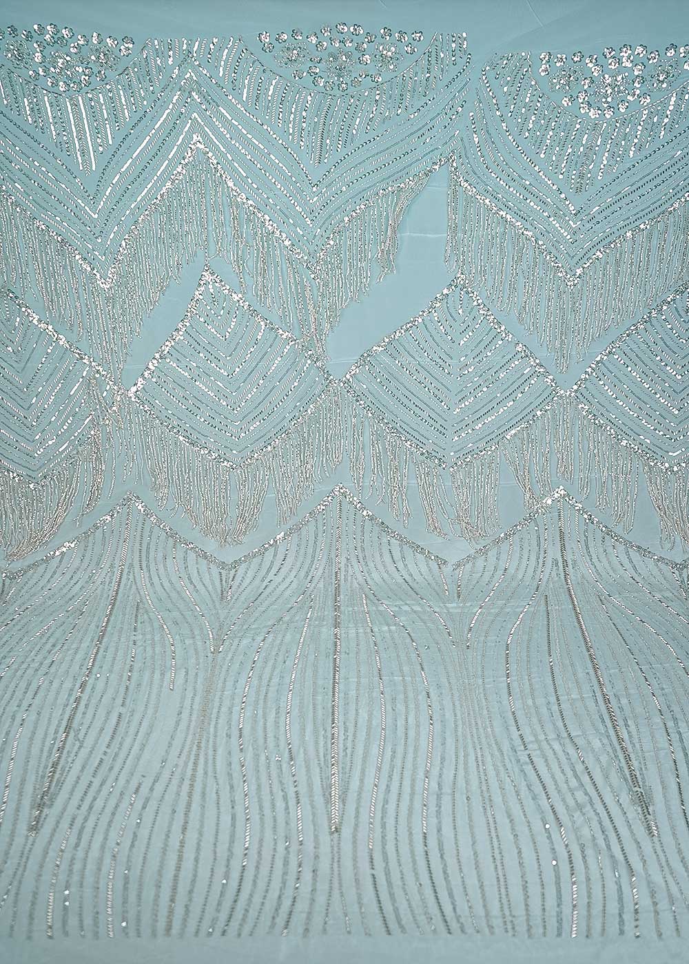 Sky Blue Imported Net Fabric With All Over Sequins And Katdana Work With One Side Heavy Border 24312