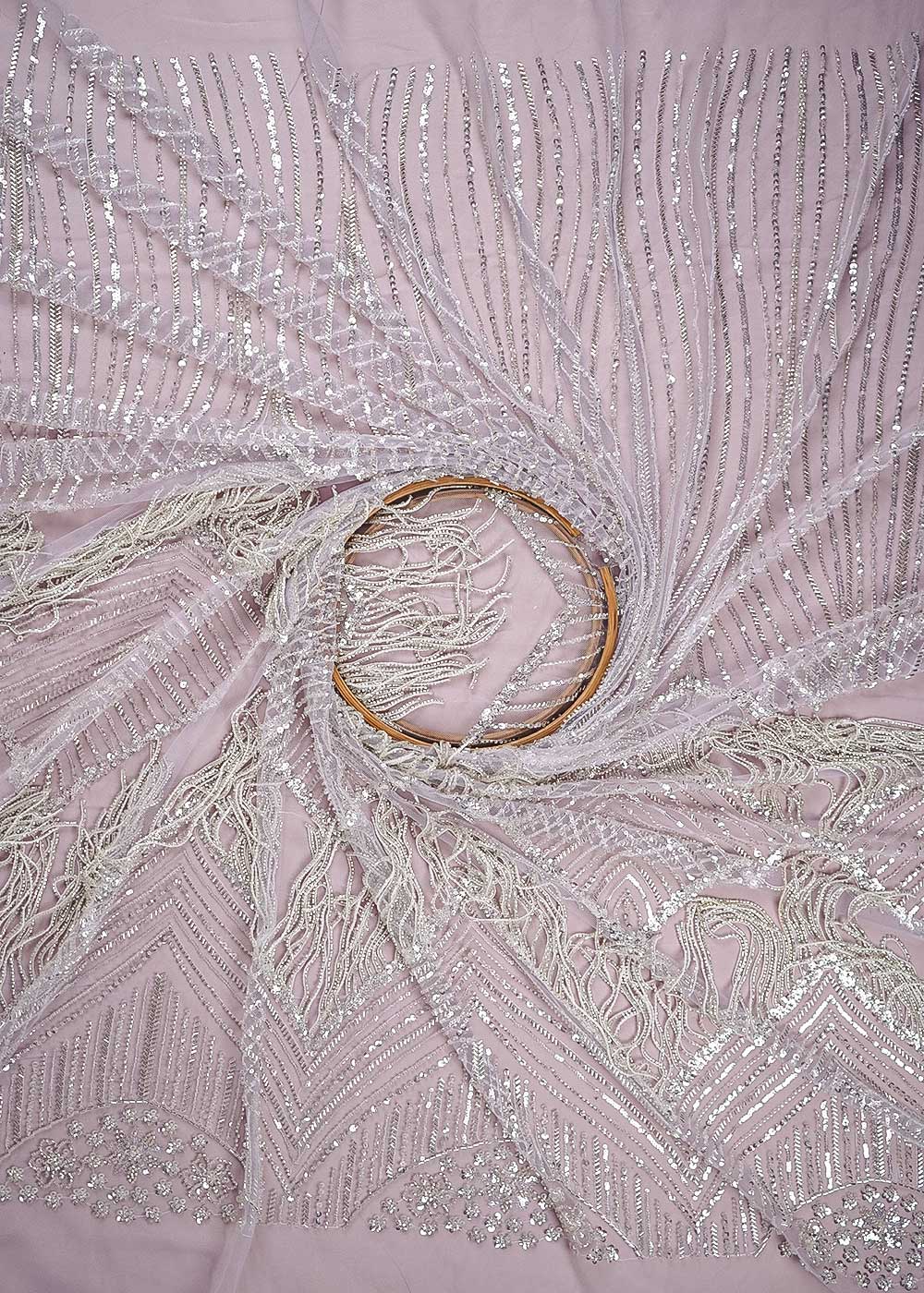 Lavender Imported Net Fabric With All Over Sequins And Katdana Work With One Side Heavy Border 24314