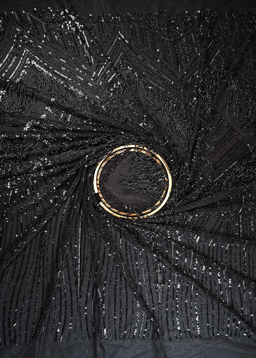 Black Imported Net Fabric With All Over Sequins And Katdana Work With One Side Heavy Border 24315