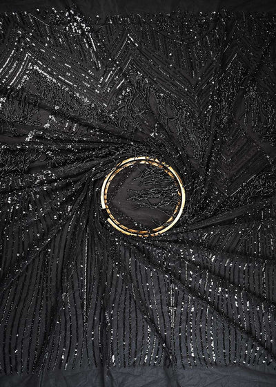 Black Imported Net Fabric With All Over Sequins And Katdana Work With One Side Heavy Border 24315