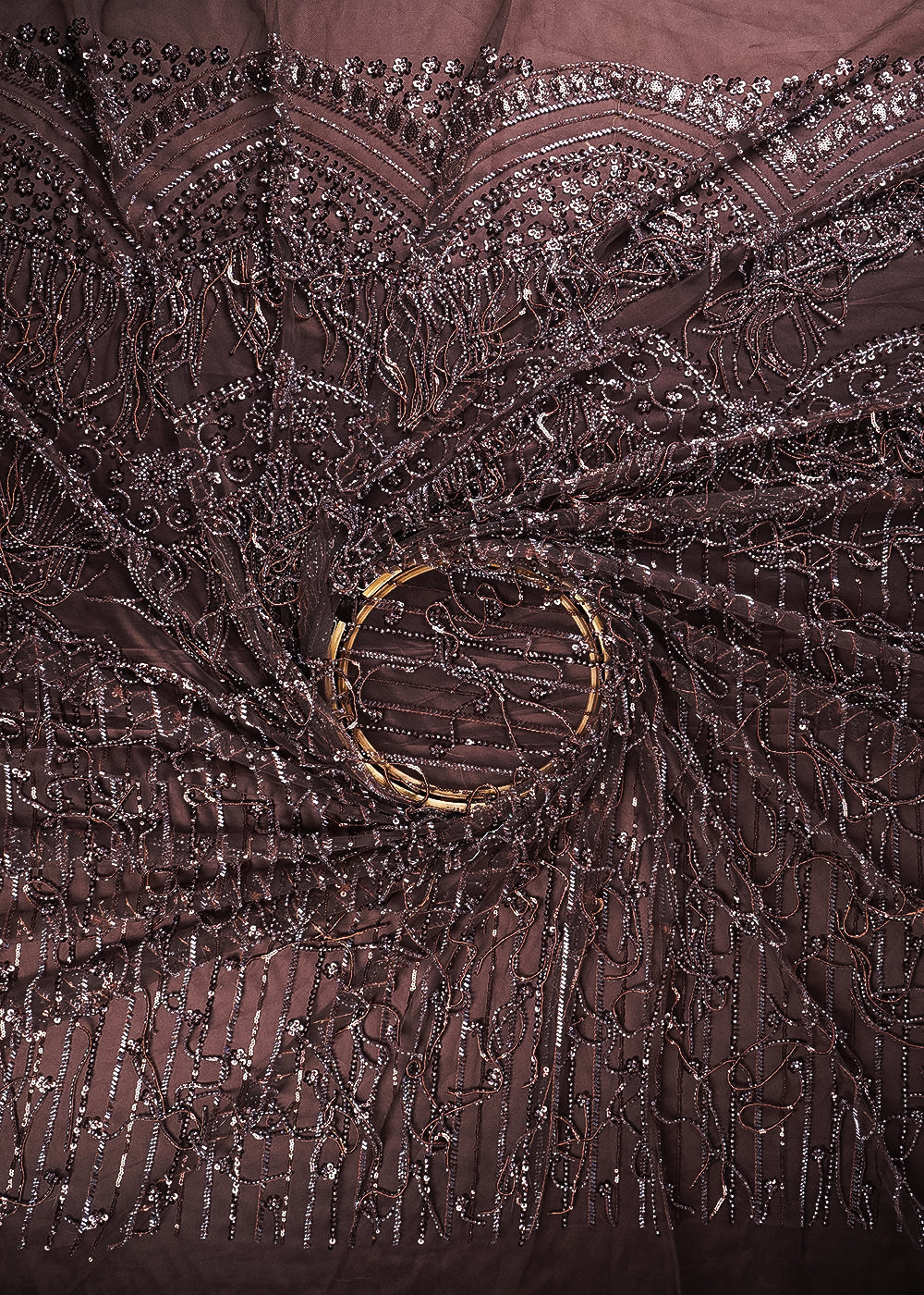 Coffee Imported Net Fabric With All Over Sequins And Katdana Work With One Side Border 24316
