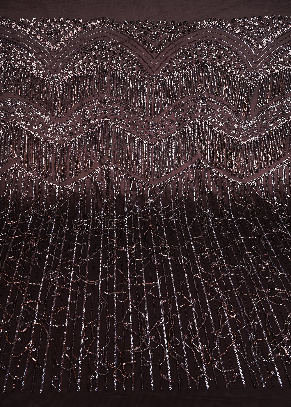 Coffee Imported Net Fabric With All Over Sequins And Katdana Work With One Side Border 24316
