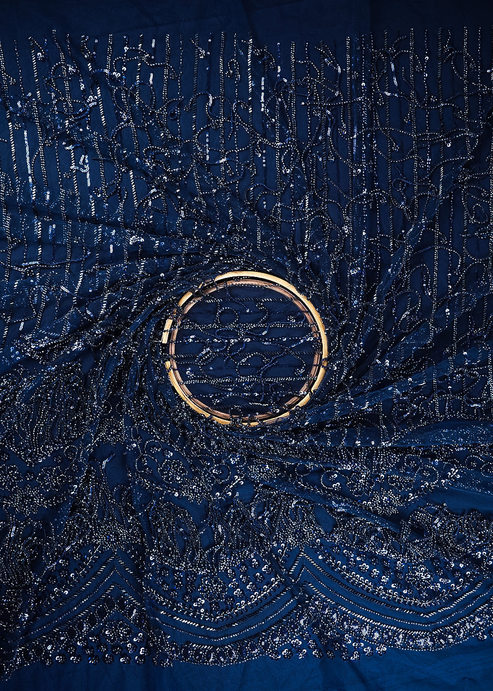 Navy Blue Imported Net Fabric With All Over Sequins And Katdana Work With One Side Border 24317