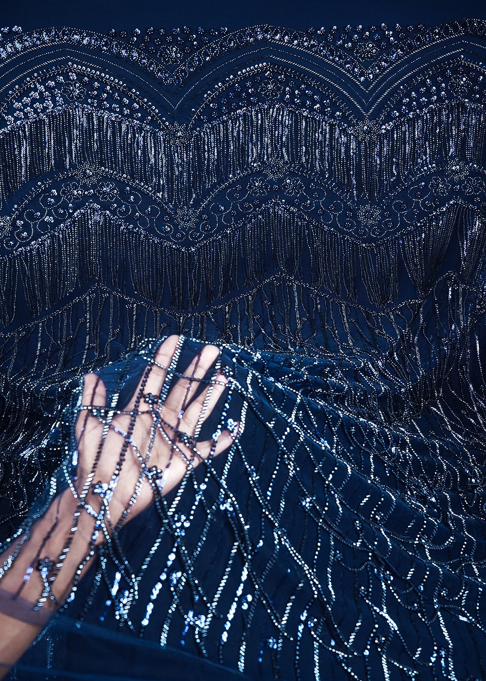 Navy Blue Imported Net Fabric With All Over Sequins And Katdana Work With One Side Border 24317