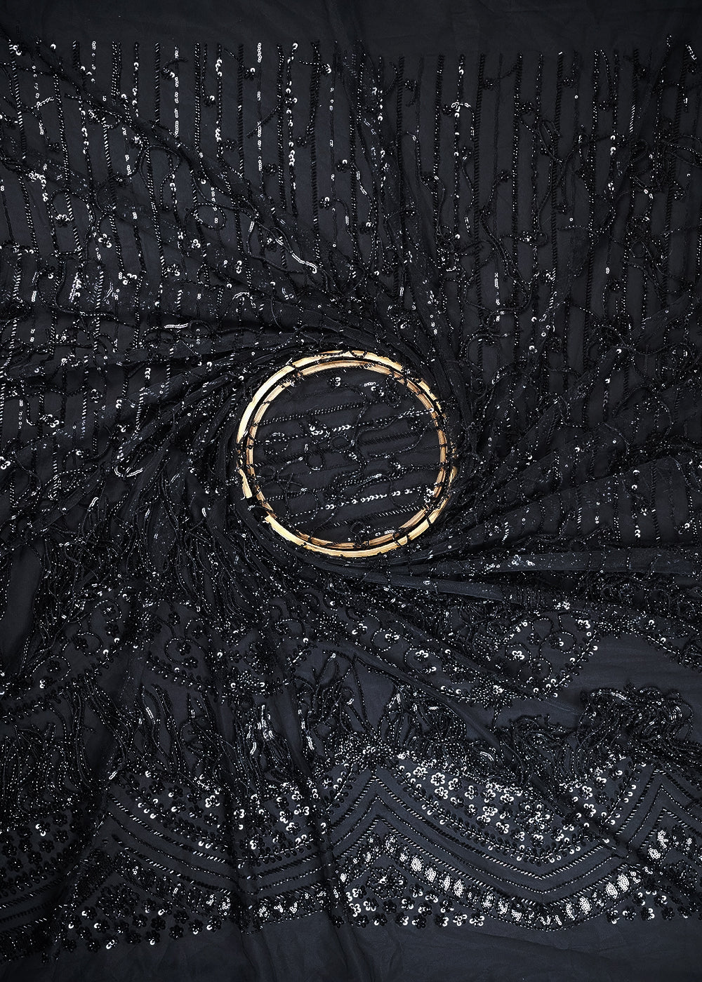Black Imported Net Fabric With All Over Sequins And Katdana Work With One Side Border 24319