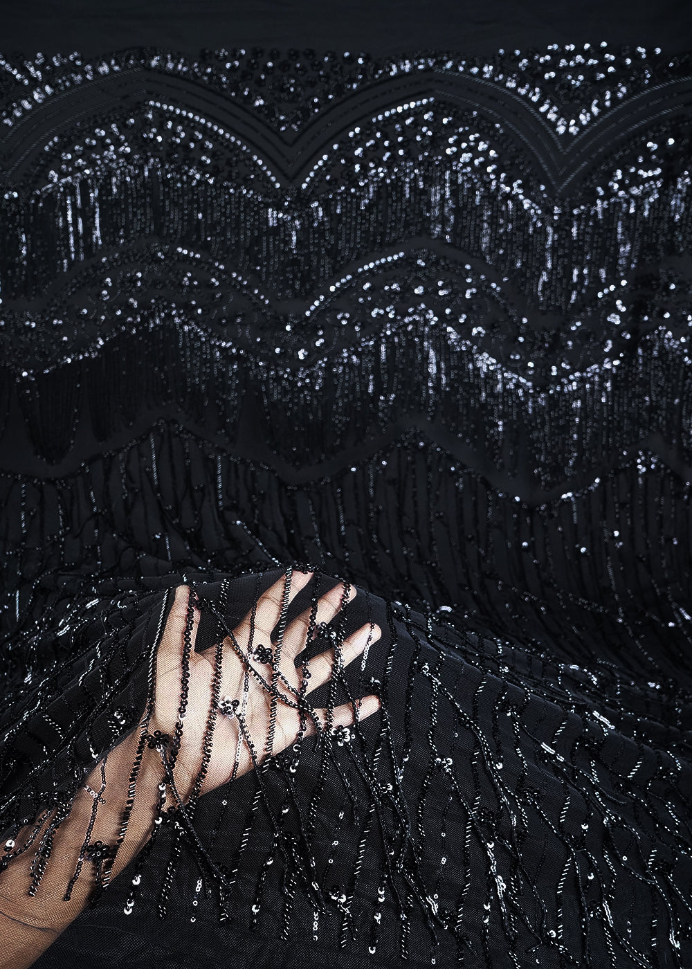 Black Imported Net Fabric With All Over Sequins And Katdana Work With One Side Border 24319