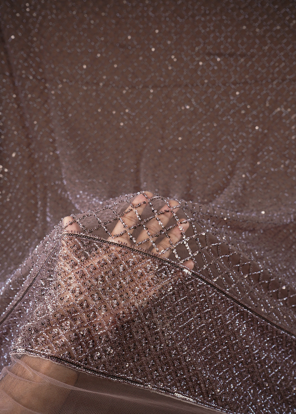 Mauve Imported Net Fabric With All Over Sequins And Katdana Work With One Side Border 24320