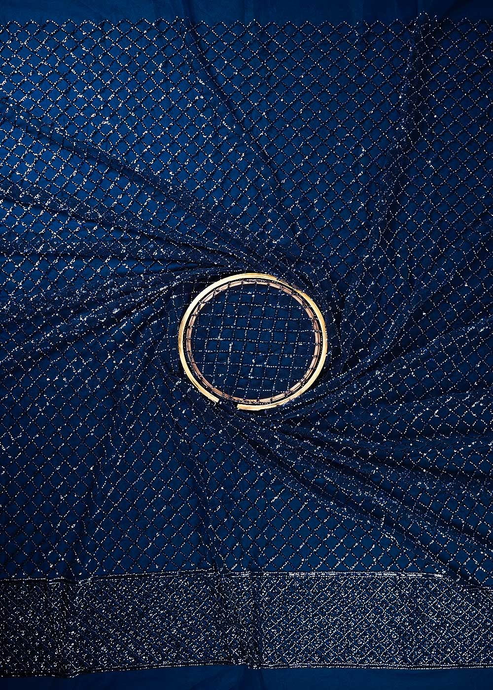 Navy Blue Imported Net Fabric With All Over Sequins And Katdana Work With One Side Border 24321
