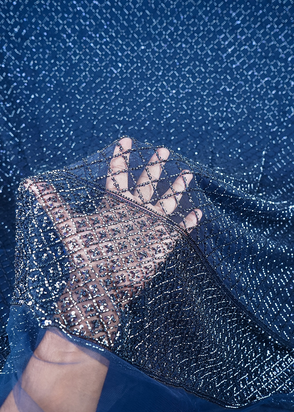 Navy Blue Imported Net Fabric With All Over Sequins And Katdana Work With One Side Border 24321