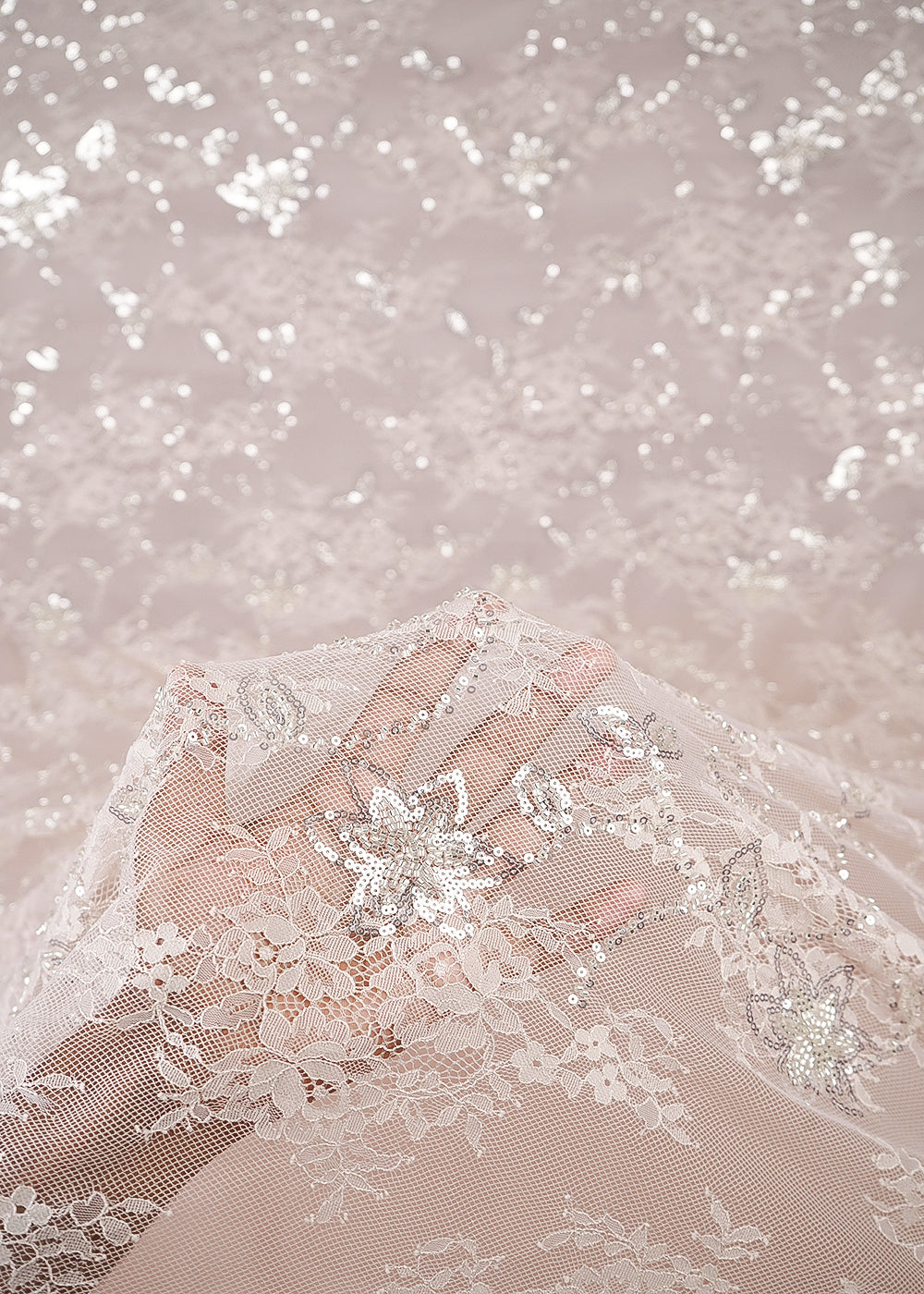 Peach Sandlin Lace Fabric With All Over Sequins And Katdana Work 24325