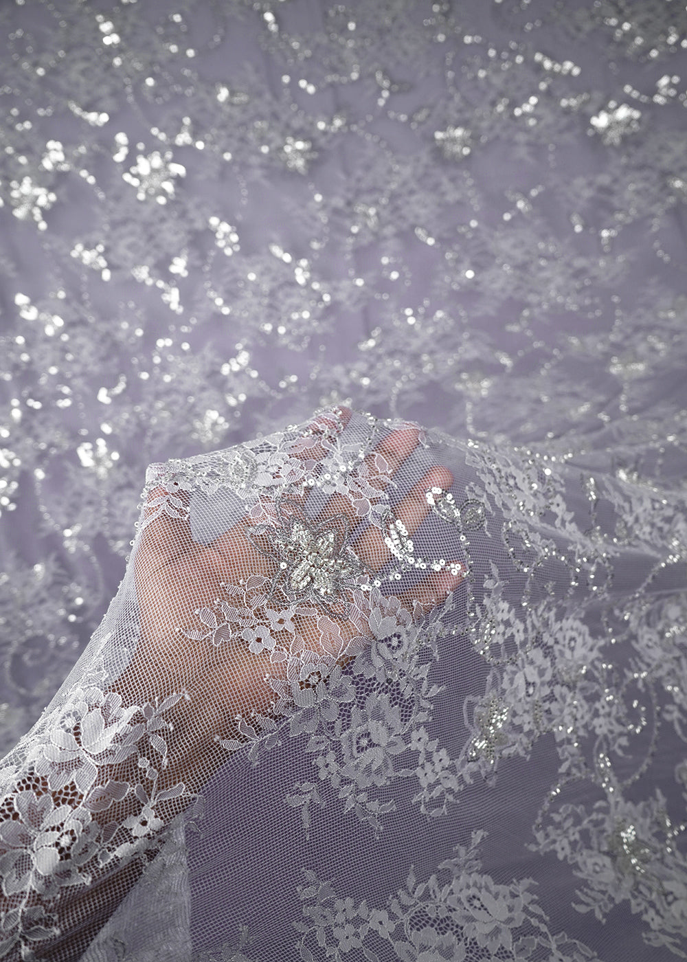 Grey Sandlin Lace Fabric With All Over Sequins And Katdana Work 24326