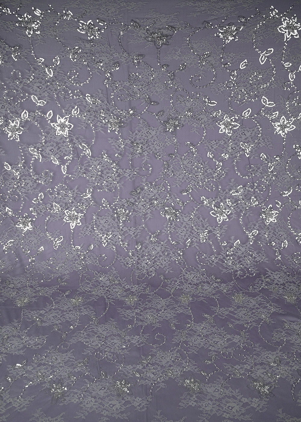 Grey Sandlin Lace Fabric With All Over Sequins And Katdana Work 24326