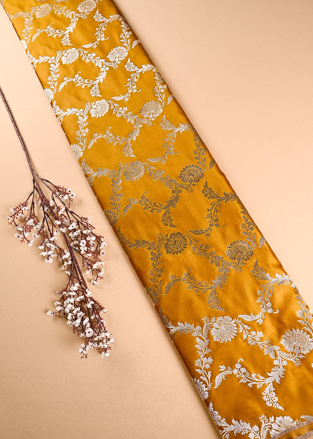 Mustard Banarasi Brocade Fabric With All Over Thread And Zari Handloom 24426