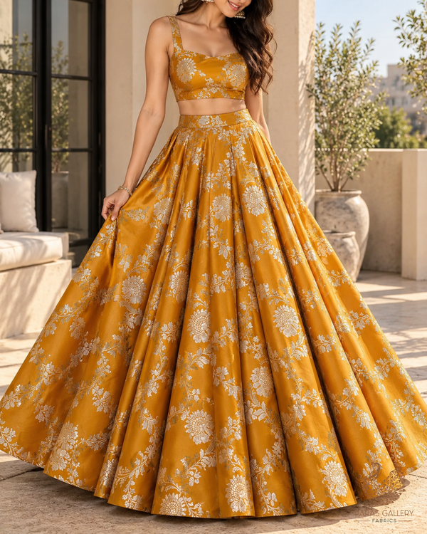 Mustard Banarasi Brocade Fabric With All Over Thread And Zari Handloom 24426