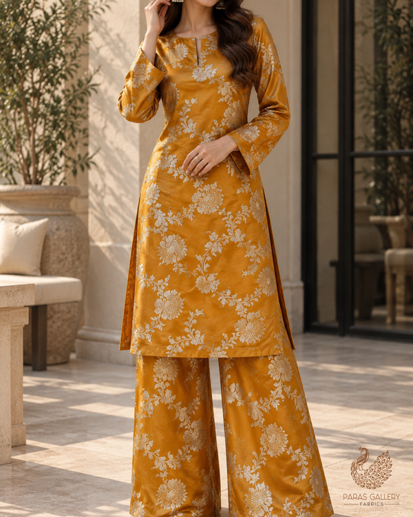 Mustard Banarasi Brocade Fabric With All Over Thread And Zari Handloom 24426