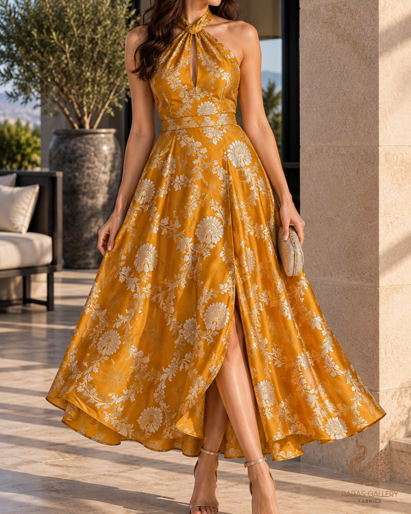 Mustard Banarasi Brocade Fabric With All Over Thread And Zari Handloom 24426