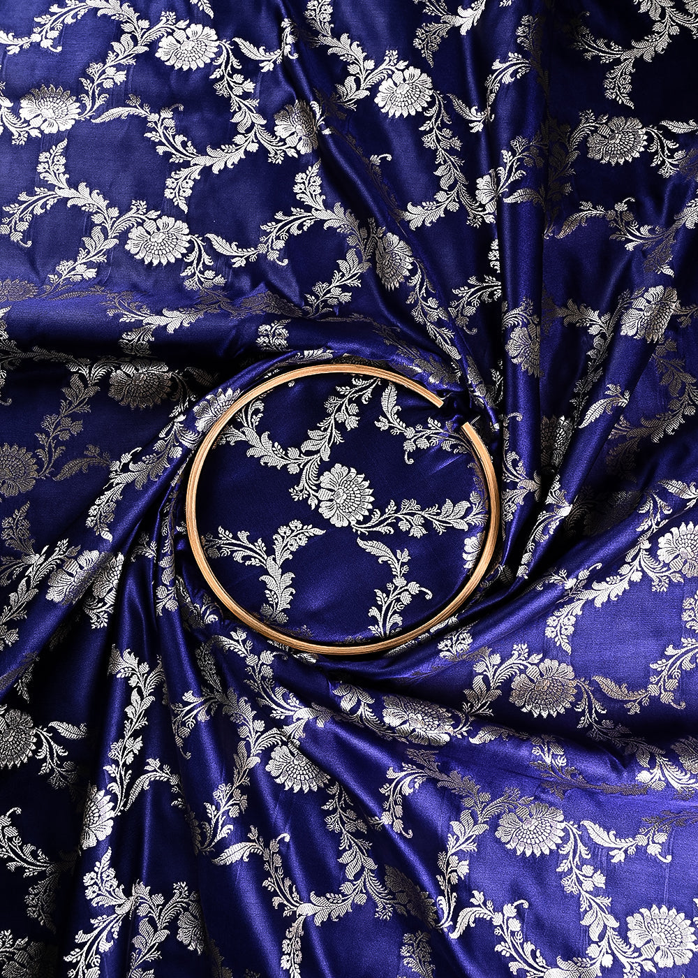 Navy Blue Banarasi Brocade Fabric With All Over Thread And Zari Handloom 24428