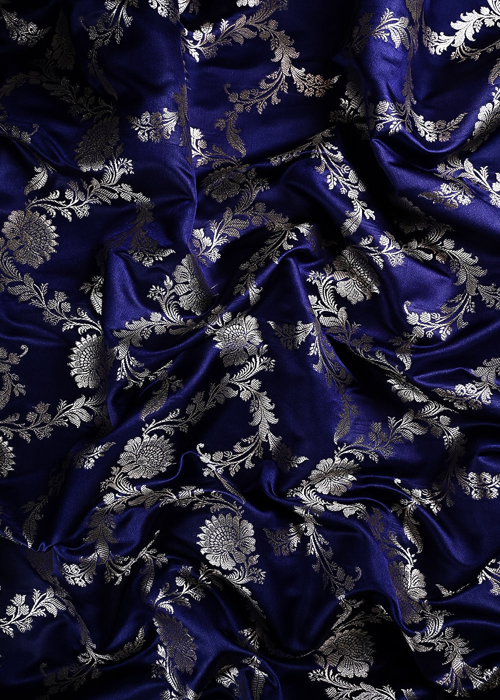 Navy Blue Banarasi Brocade Fabric With All Over Thread And Zari Handloom 24428
