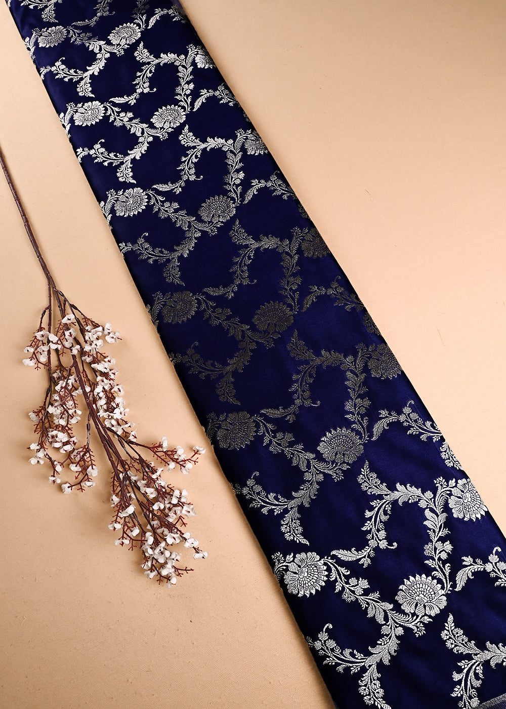 Navy Blue Banarasi Brocade Fabric With All Over Thread And Zari Handloom 24428