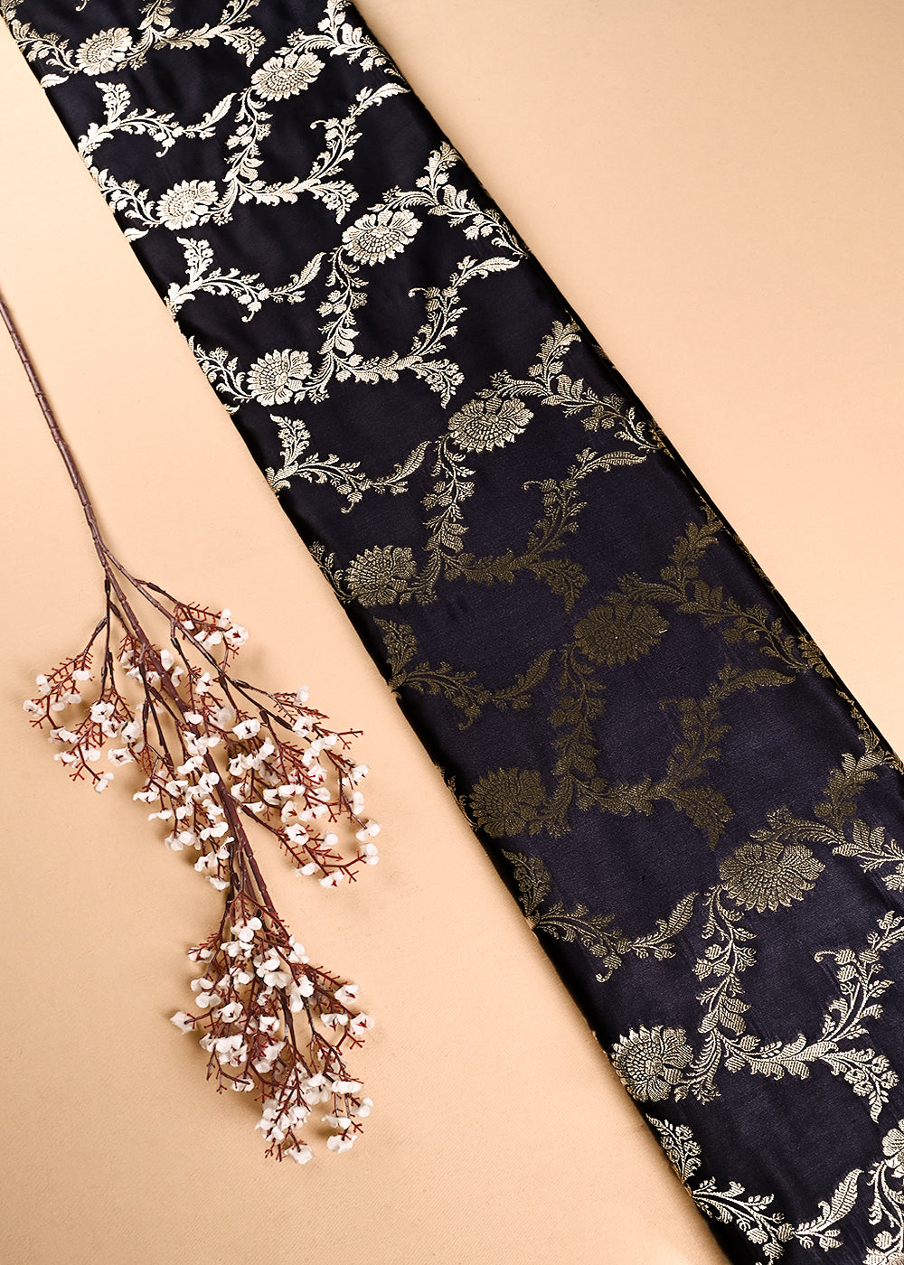 Black Banarasi Brocade Fabric With All Over Thread And Zari Handloom 24431