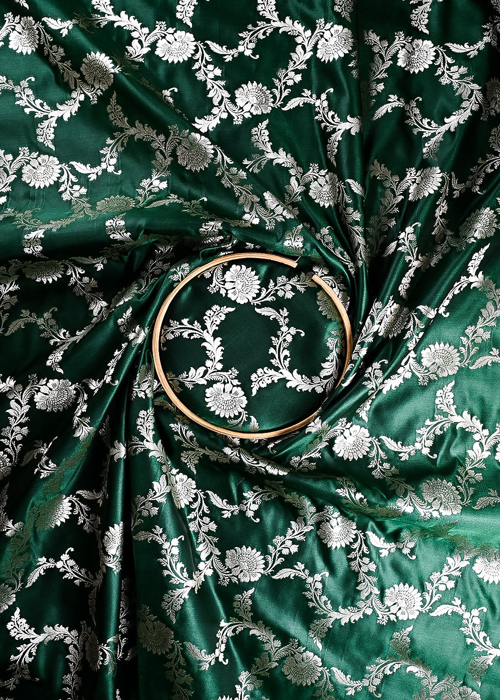 Bottle Green Banarasi Brocade Fabric With All Over Thread And Zari Handloom 24432