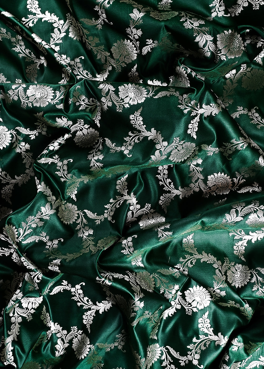 Bottle Green Banarasi Brocade Fabric With All Over Thread And Zari Handloom 24432