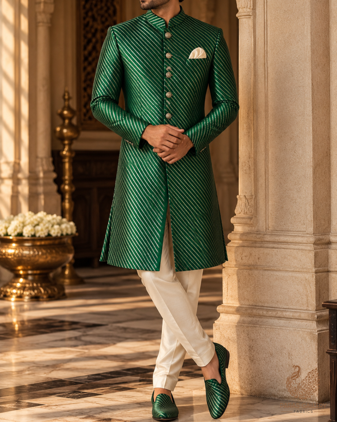 Bottle Green Banarasi Brocade Fabric With All Over Thread And Zari Handloom 24433