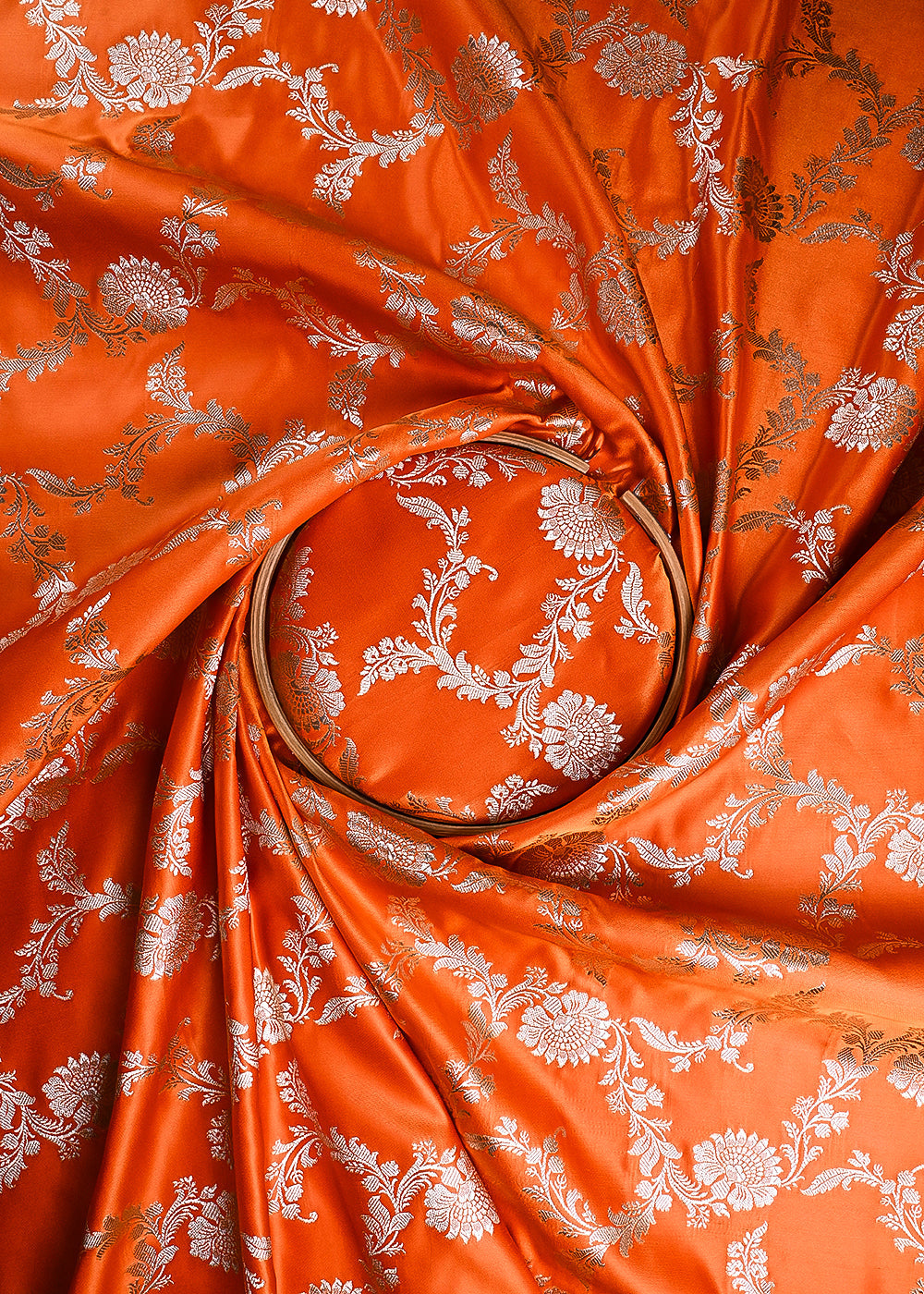 Orange Banarasi Brocade Fabric With All Over Thread And Zari Handloom 24437